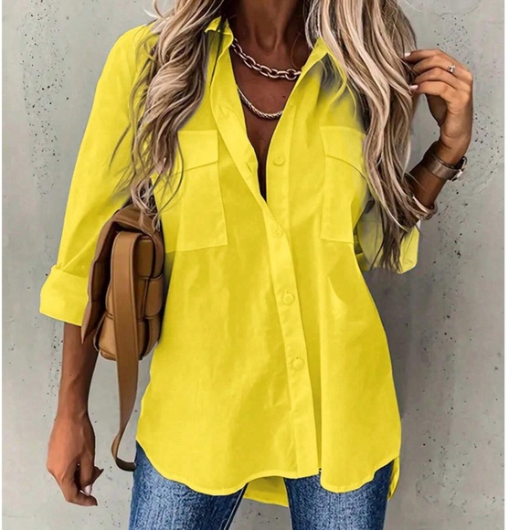 Classic Solid Pocket Button Down Boyfriend Shirt - Picture 3 of 5